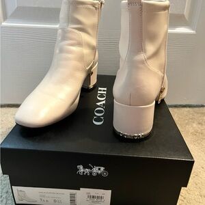Coach Cream Leather Ankle Booties with Gold Accent Heel